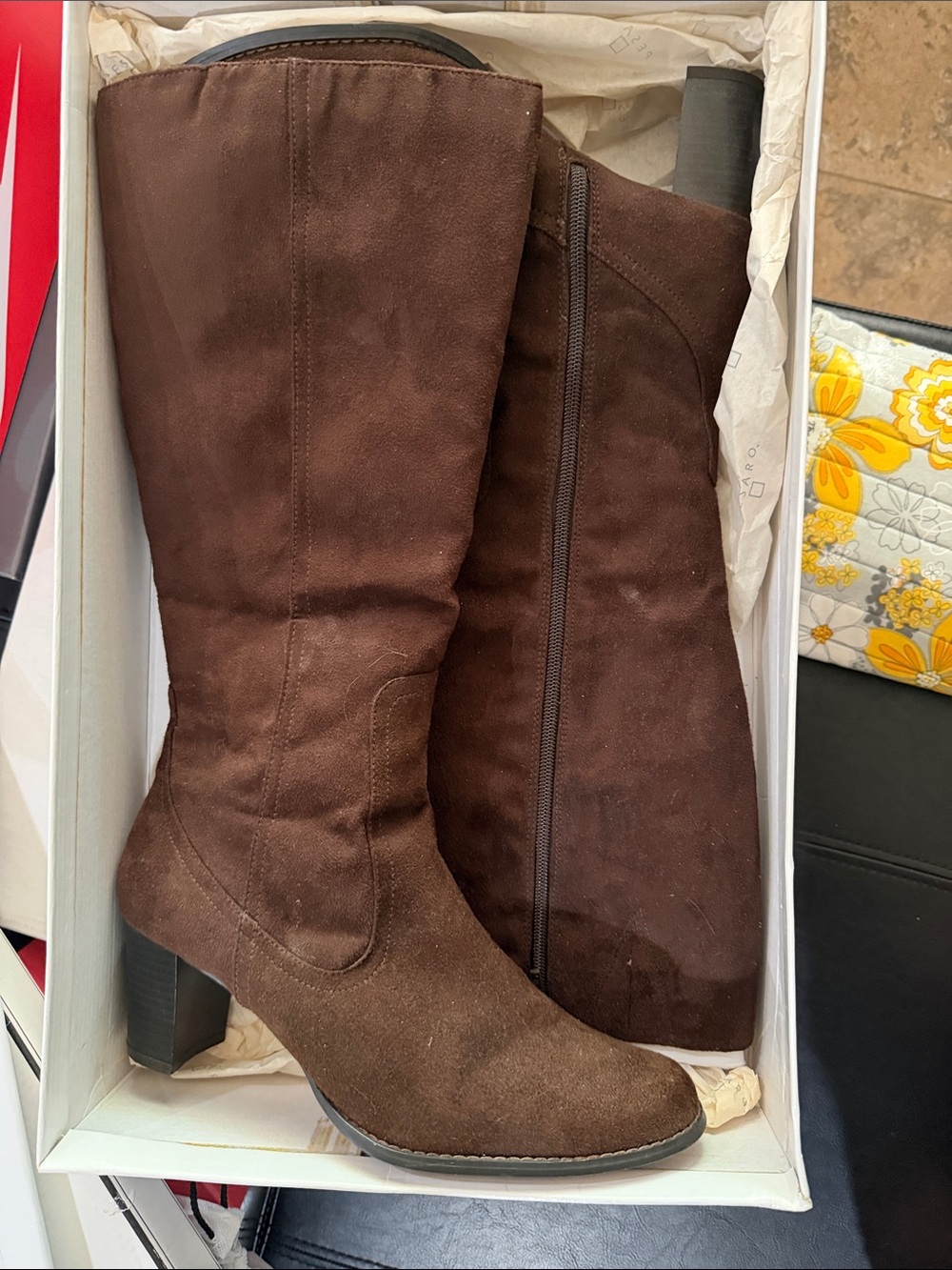 Pesaro Brown Suede Mid-Calf Block Heel Boots